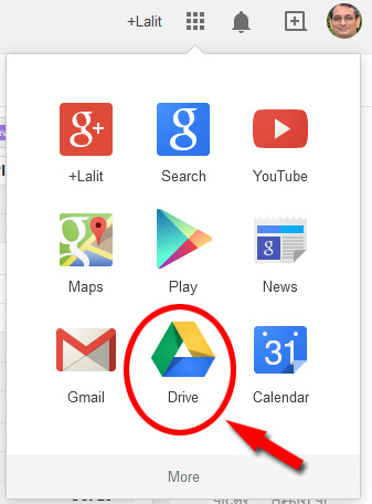 Google Apps menu showing Google Drive shortcut.