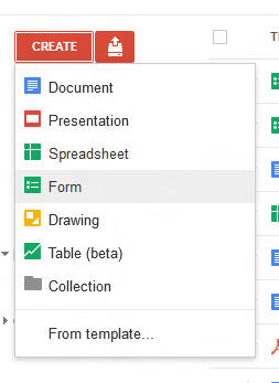 Google Docs Create menu showing Forms option.