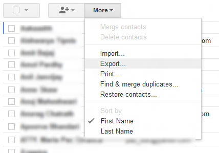 Menu showing Export option in Google Contacts