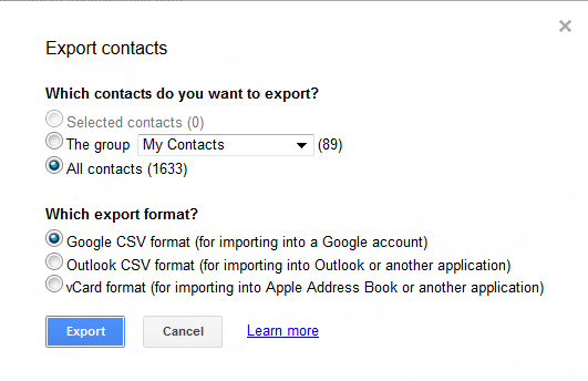 Box displaying export options...