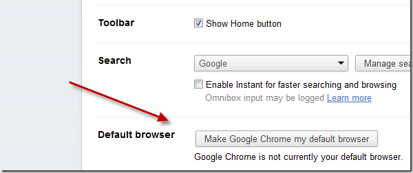 Google Chrome screen showing how to set default browser