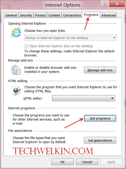 Internet Explorer screen showing how to set default browser