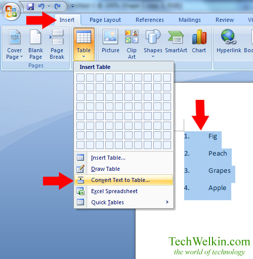 Image showing Convert Text to Table option