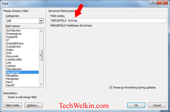 display field codes in word for mac 2011