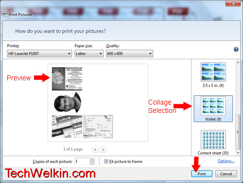 Print dialog box and selecting collage type.