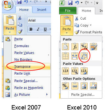 Excel menu showing Transpose option.