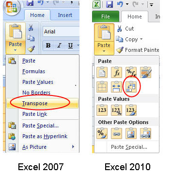 where is the transpose button in excel 2010