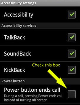 "Power button ends call" option in Android settings.
