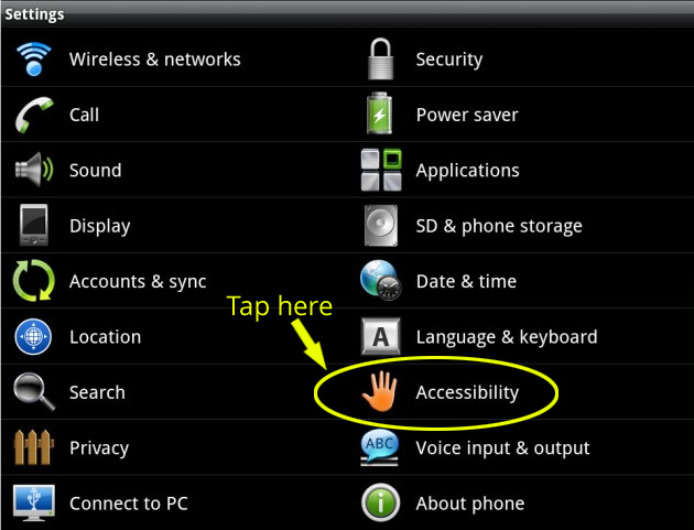 Accessibility option in Android settings