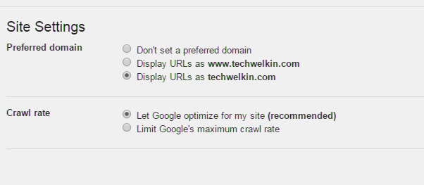 Select preferred domain from Google Webmaster Tools Site Settings.