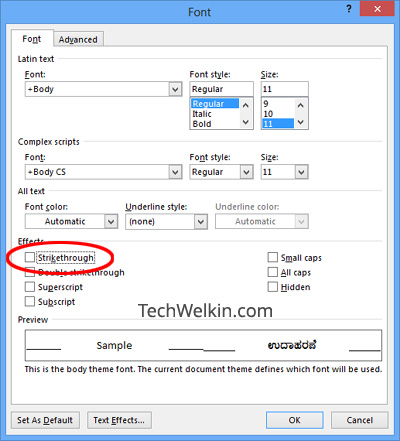 Font dialog box in MS Word.