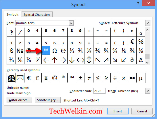 Insert trademark symbol from the Symbol box of MS Word.