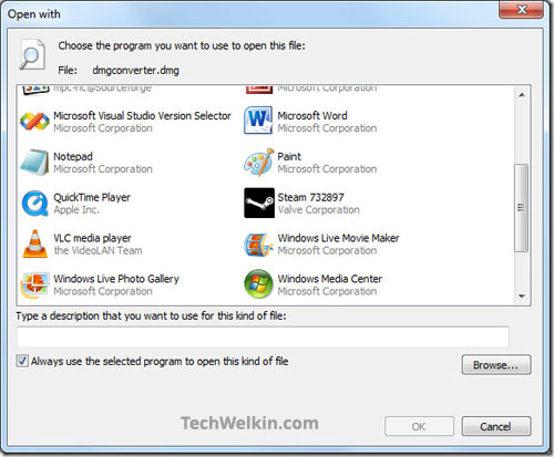 Open With dialog box in Windows. This dialog box asks you to select an appropriate program to open the file with.