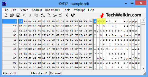 A PDF file opened in Hex Editor.