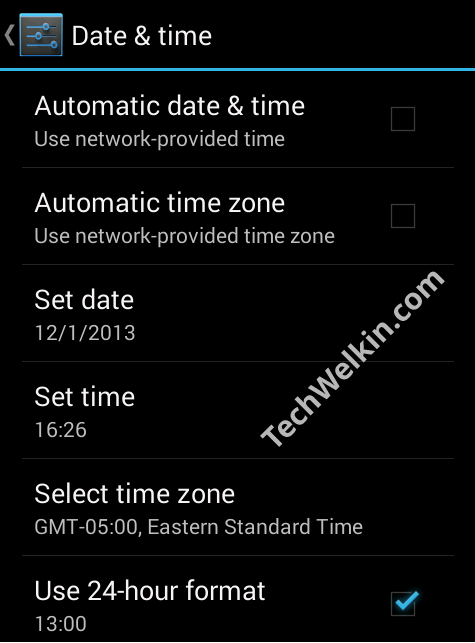 Date Time Settings Screen of Android Mobile Phone.