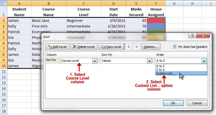 Custom list option in the Sort dialog box.