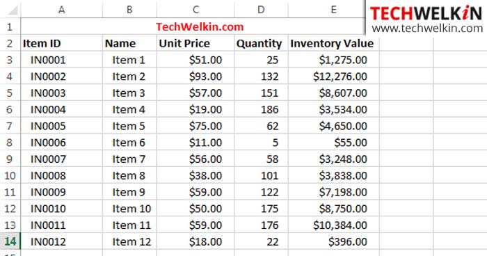 Sample Excel sheet for VLOOKUP function.