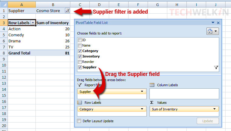 Adding filter in a Pivot Table