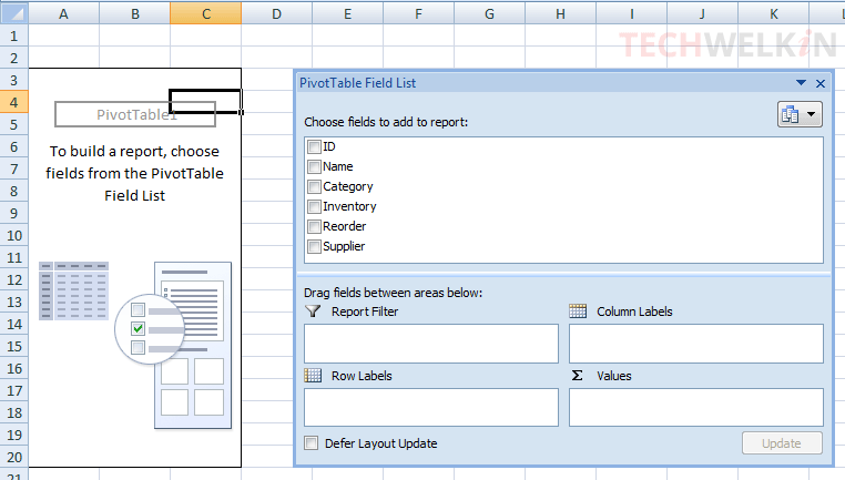 A blank Pivot Table has been inserted in Excel sheet