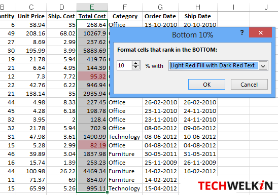 Conditional formatting with bottom 10 percent rule