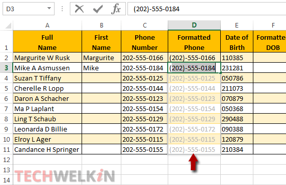 Excel flash fill phone numbers example