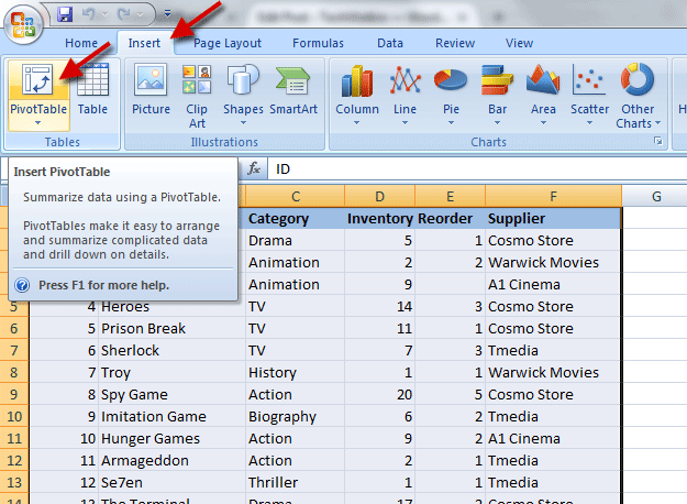 PivotTable button in Excel