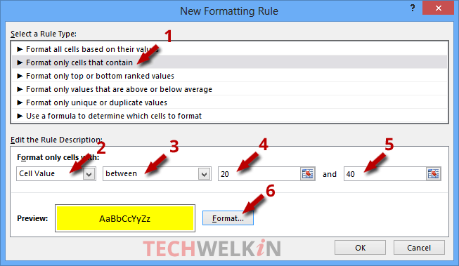 Conditional Formatting: new formatting rule dialog box with cell value rule