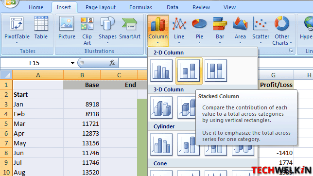 Insert a stacked column chart for making waterfall chart