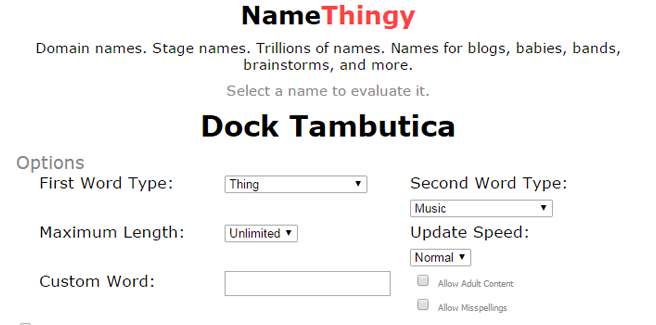 NameThingy blog name generator home screen.