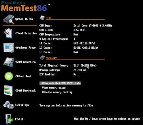 Main menu screen of MemTest86 for RAM test.