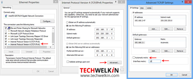 Settings internet connections. Метрика Windows 10.