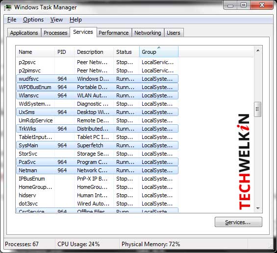 highlighted services list for an svchost.exe instance in task manager