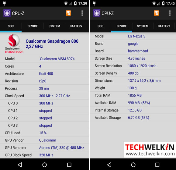 CPU-Z android app for phone information and test sensors