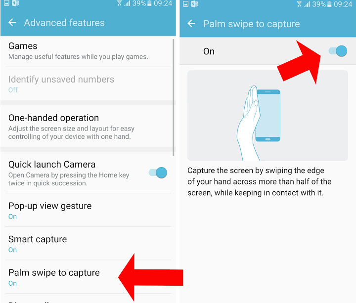 palm swipe option to capture screenshot on samsung galaxy s6 s7 phone