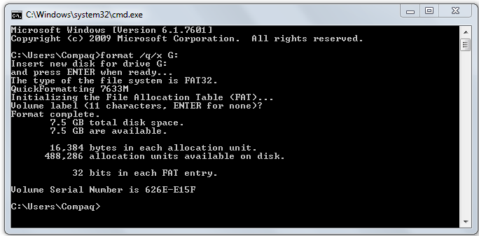 format pen drive using command prompt. format complete message