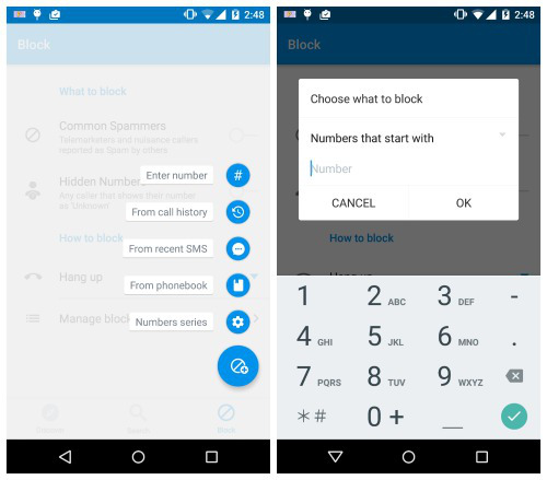 This image shows Truecaller screenshots displaying options for blocking phone calls.