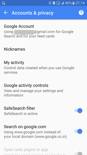 This image shows a screenshot of Accounts and Privacy option in Android device.