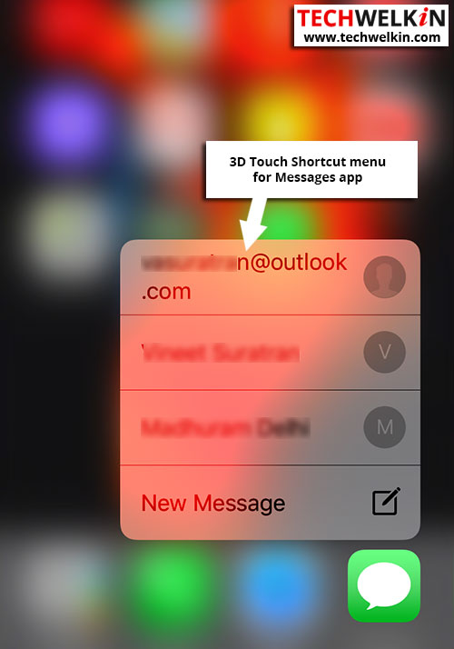 3d shortcut menu for messages app in iPhone