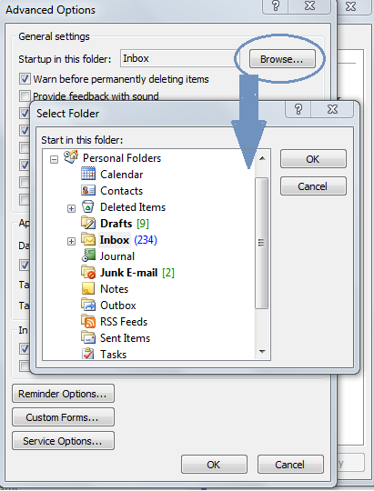 change startup folder in Outlook 2007.