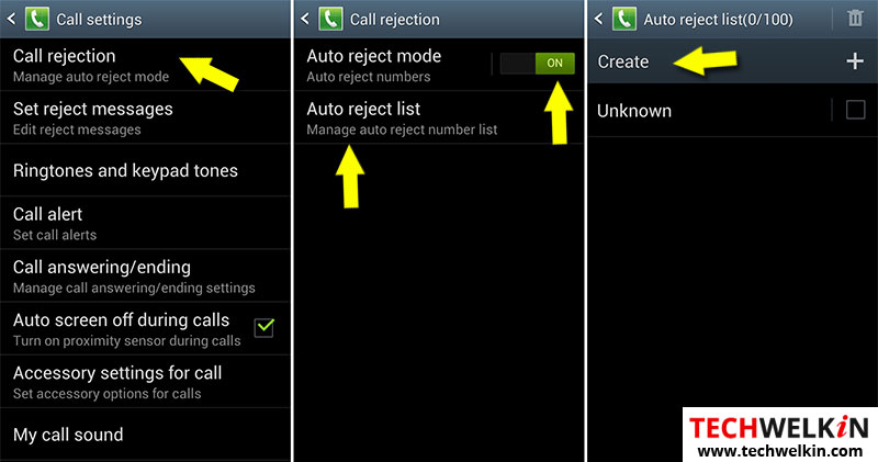 create auto call rejection list to block phone calls by country code