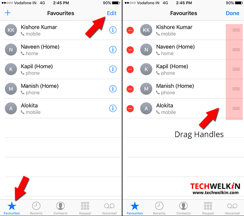 Edit and reorder favorites contacts in iphone