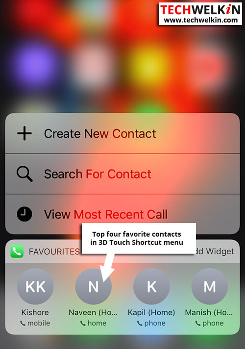 favorite contacts 3d shortcut menu