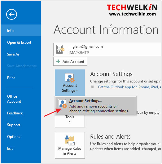 outlook account settings to find location of pst files