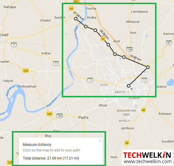 distance measurement by drawing trail in google maps