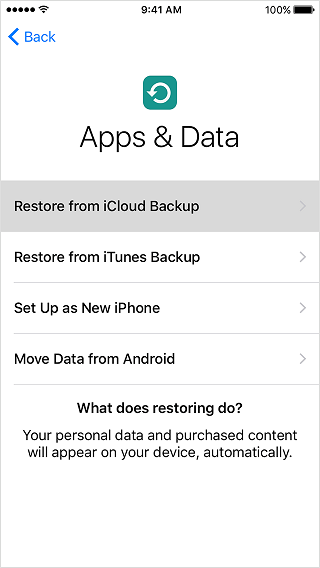 Apps & Data screen appearing while restoring the iPhone.