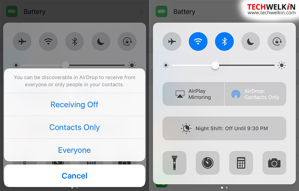 AirDrop option in the control center of iPhone