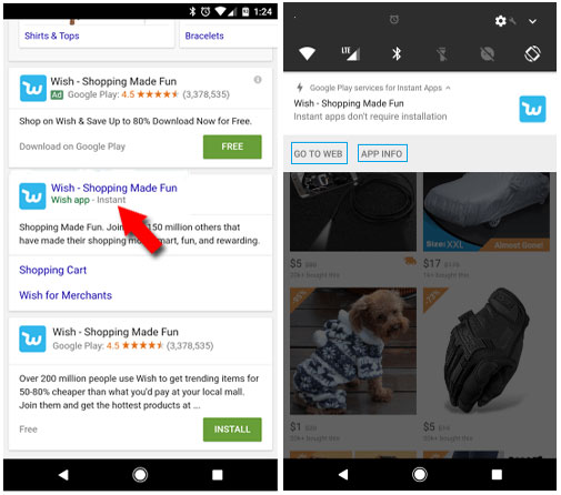 search and use instant apps in Android