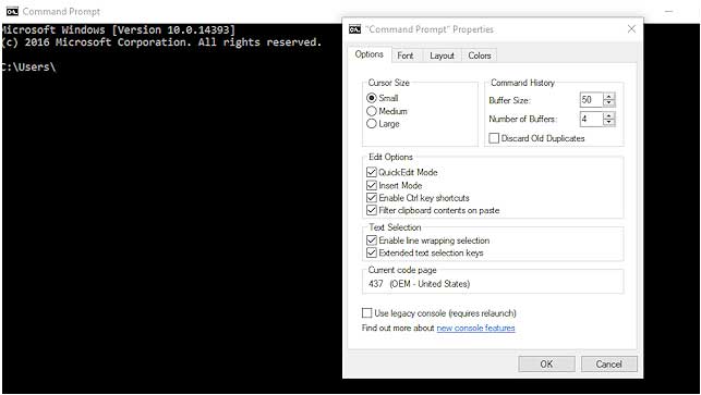 command prompt properties dialog in windows 10