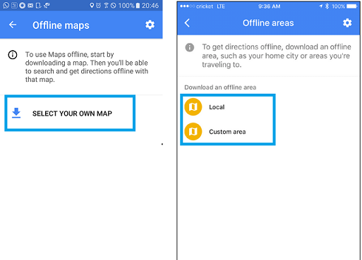 options to download google maps for offline use.