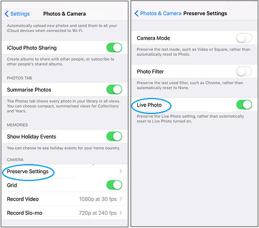 iphone preserve camera settings for live photos
